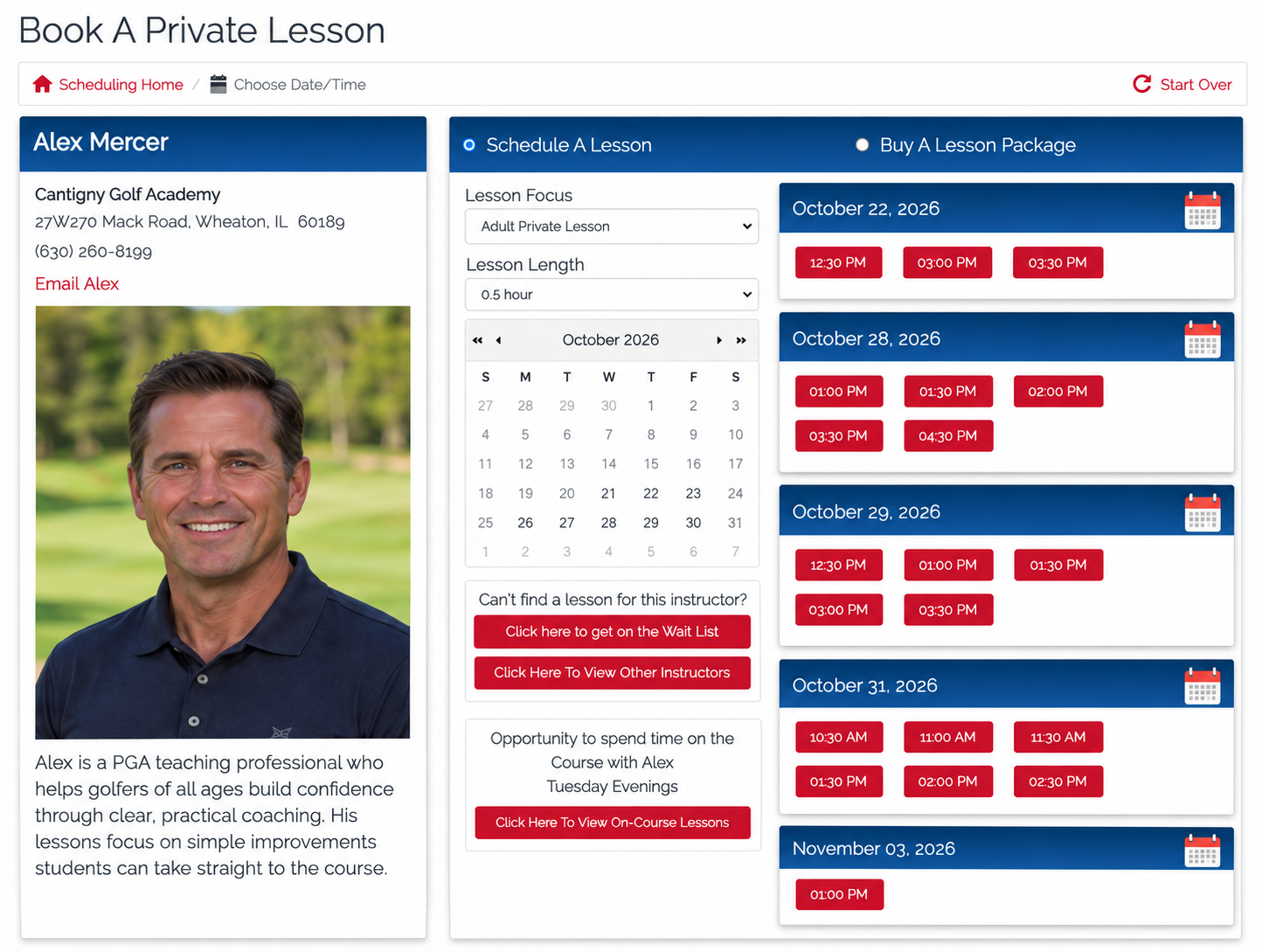 Lesson booking screen for fictional golf instructor Alex Mercer, with generated portrait, bio, and available dates and times
